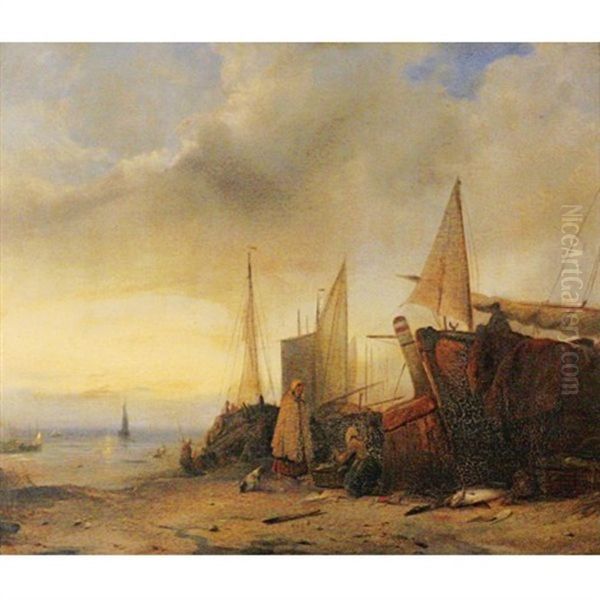 Ships At Low Tide Oil Painting by Jacob Jacobs