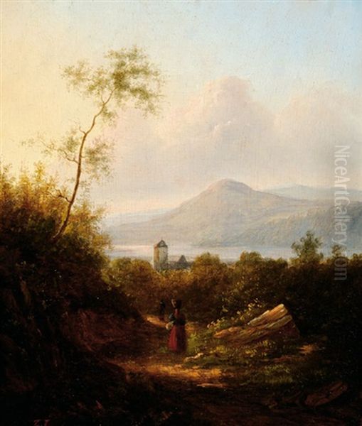 Figures On A Road In A Vast Mountain Landscape, The Background With A Mountain Lake Oil Painting by Jacob Jacobs