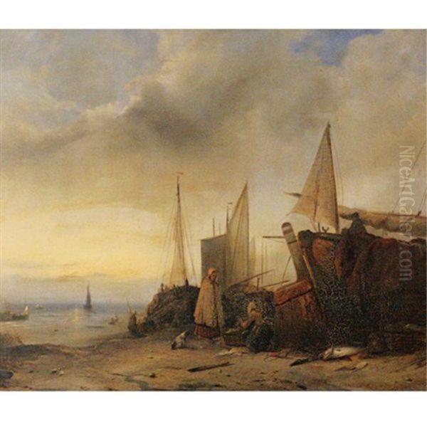 Ships At Low Tide Oil Painting by Jacob Jacobs