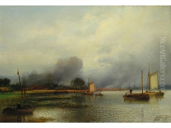 Segelboote Am Flussufer Oil Painting by Jacob Jacobs