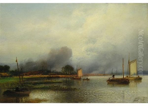 Segelboote Am Flussufer Oil Painting by Jacob Jacobs