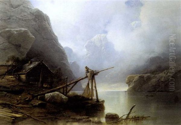 Fjord Met Vissers Oil Painting by Jacob Jacobs