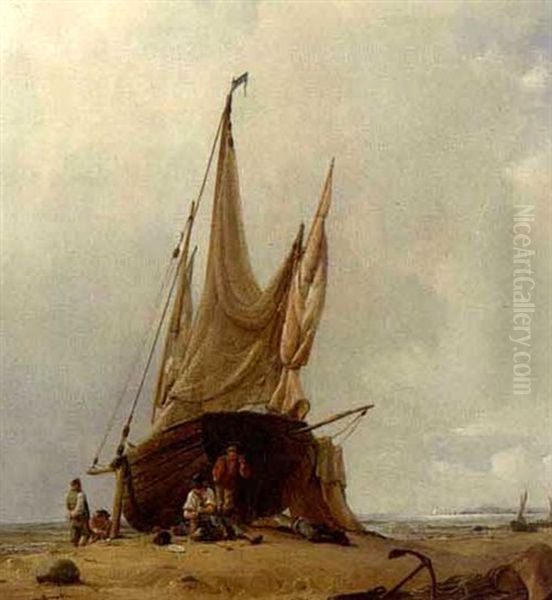 Figures By A Beached Sailing Vessel Oil Painting by Jacob Jacobs