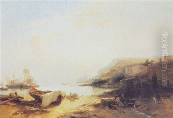 Coastal Scene With Sailing Vessels In The Distance Oil Painting by Jacob Jacobs