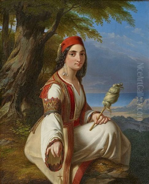 A Greek Woman With A Spindle In Coastal Landscape Oil Painting by Paul Emil Jacobs