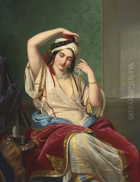 A Harem Beauty At Her Toilette Oil Painting by Paul Emil Jacobs