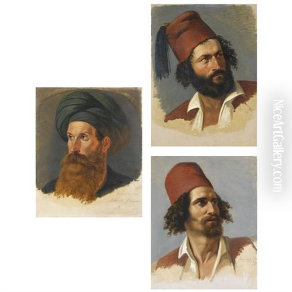 Portraits Of Two Greek Freedom Fighters And The Ali Pasha (3 Works, Various Sizes) Oil Painting by Paul Emil Jacobs