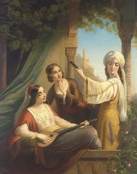 Oriental Ladies Playing Music Oil Painting by Paul Emil Jacobs