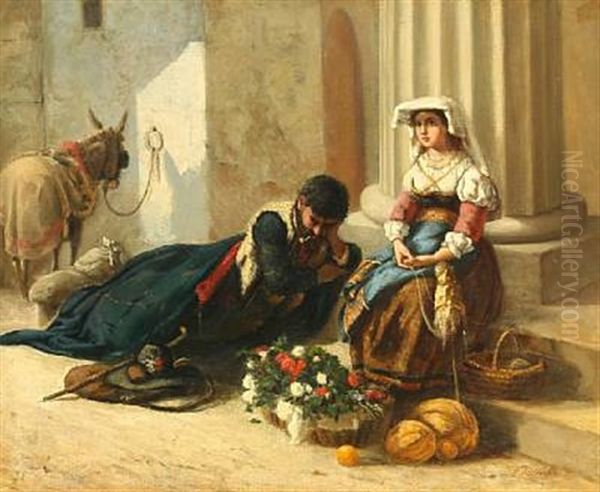 A Roman Flower Seller And A Resting Donkey Rider Oil Painting by David Jacobsen