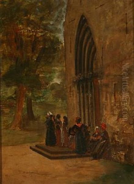 People In Front Of A Church (friesian Island Of Fohr?) Oil Painting by David Jacobsen