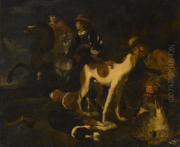 Huntsmen And Dogs In A Landscape Oil Painting by Juriaen Jacobsen