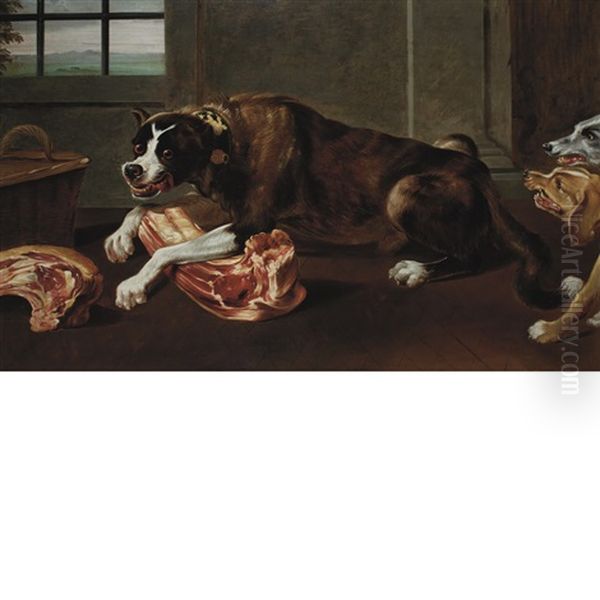 A Hound Guarding His Bone In A Larder Oil Painting by Juriaen Jacobsen