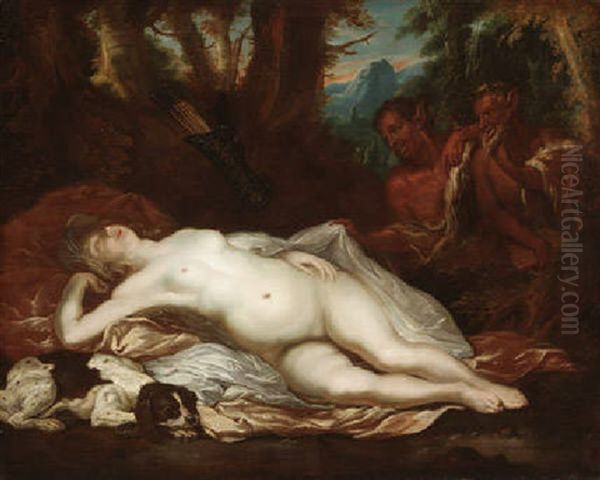 Zwei Sartyren Betrachten Die In Einer Waldlandschaft Schlafende Diana Oil Painting by Juriaen Jacobsen