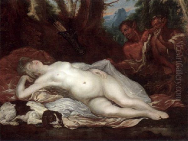 Zwei Sartyren Betrachten Die In Einer Waldlandschaft Schlafende Diana Oil Painting by Juriaen Jacobsen