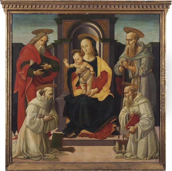 The Madonna And Child Enthroned With Saints John The Evangelist And Jerome, And Two Benedictine Saints Oil Painting by Bartolomeo Di Giovanni