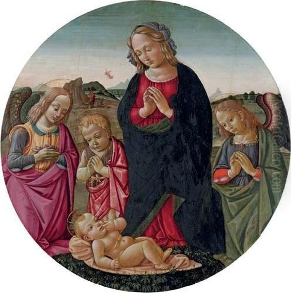 The Virgin With The Infant Saint John The Baptist And Angels Adoring The Christ Child Oil Painting by Bartolomeo Di Giovanni