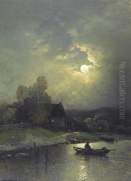 Flusslandschaft Mit Ruderer Im Mondschein Oil Painting by Sophus Jacobsen