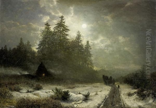 Winterliche Schlittenfahrt Bei Mondschein Oil Painting by Sophus Jacobsen