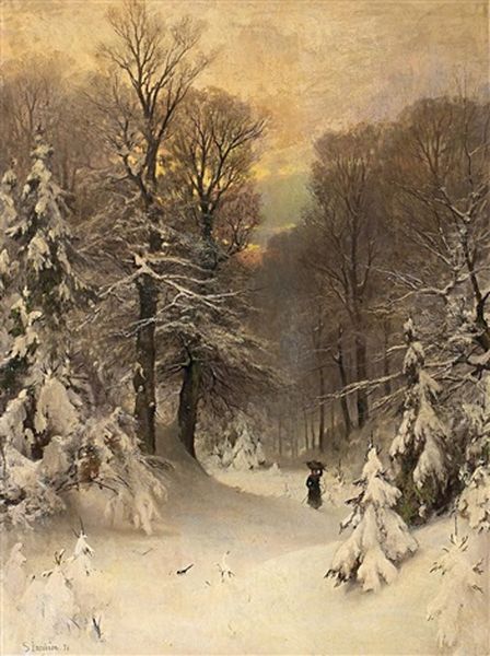 Reisigsammlerin Im Winterwald Oil Painting by Sophus Jacobsen