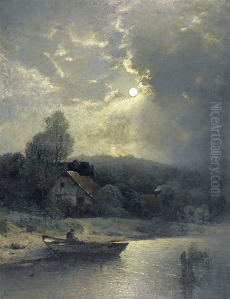 Uferlandschaft Im Mondschein Mit Ruderboot Oil Painting by Sophus Jacobsen