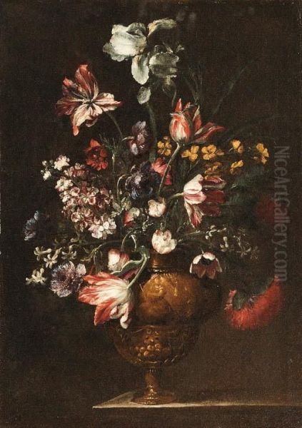 Tulips, Roses, Carnations And Other Flowers In Bronze Vases Onstone Ledges Oil Painting by Bartolome Perez