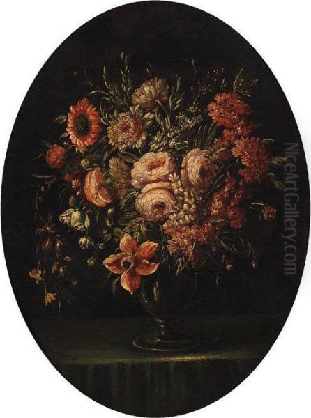 Roses, Carnations, Tulips And Other Flowers In A Glass Vase On Aledge Oil Painting by Bartolome Perez