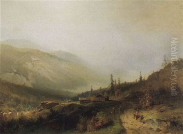 Hochgebirgstal Mit Rastendem Holzsammler Oil Painting by Sophus Jacobsen