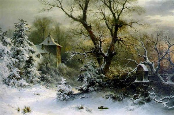 Birds Feeding On A Winter's Day Oil Painting by Sophus Jacobsen