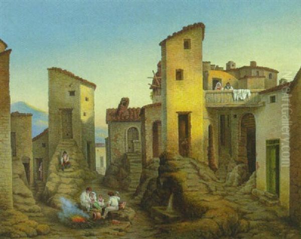 Civitella. Bauernfamilie Bei Einem Feuer Und Einer Brunnenanlage In Der Altstadt Oil Painting by Jacob Jacobson