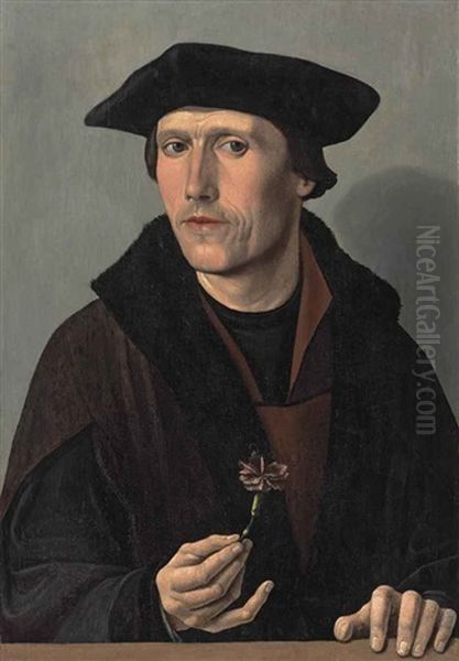 Portrait Of A Man, Half-length, In Black And Brown Robes, Holding A Carnation Oil Painting by Dirck Jacobsz