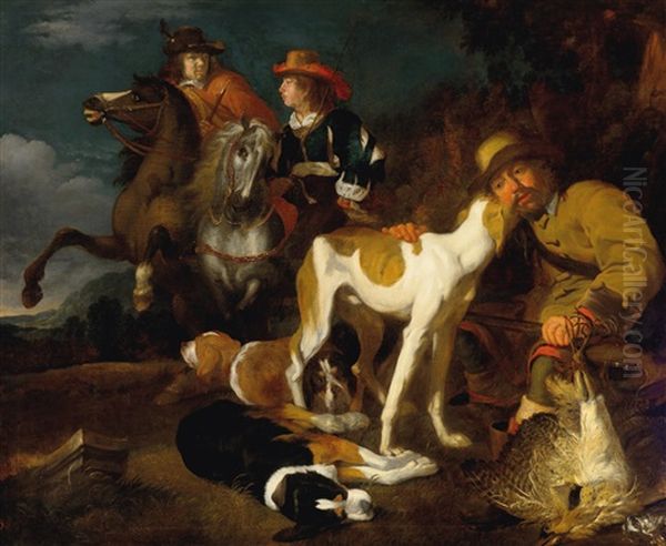 Two Riders And A Huntsman With Dogs And His Kill In A Landscape Oil Painting by Juriaen Jacobsz