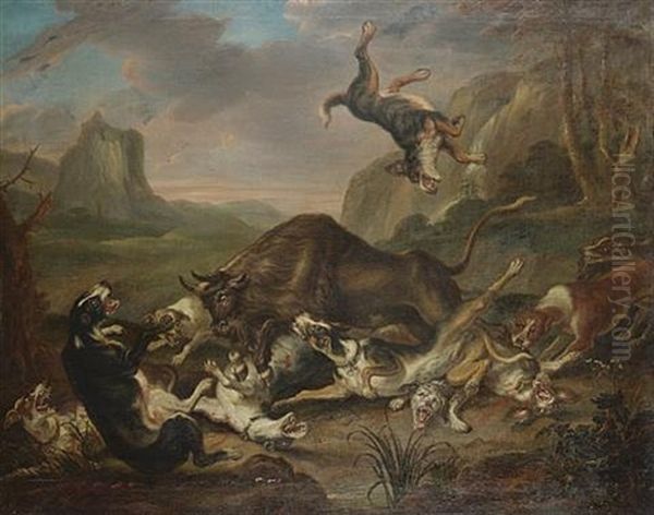 A Bull Attacking Dogs Oil Painting by Juriaen Jacobsz