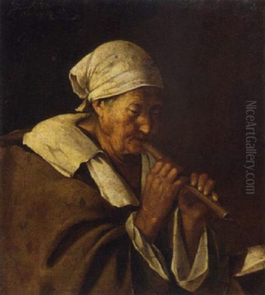 An Old Woman Playing A Flute Oil Painting by Lambert Jacobsz