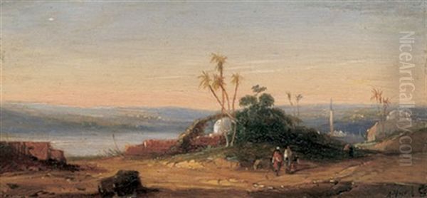 Orientalische Landschaft Mit Blick Auf Eine Stadt Und Zwei Wanderern Im Vordergrund Oil Painting by Valery-Ivanovitch Jacoby