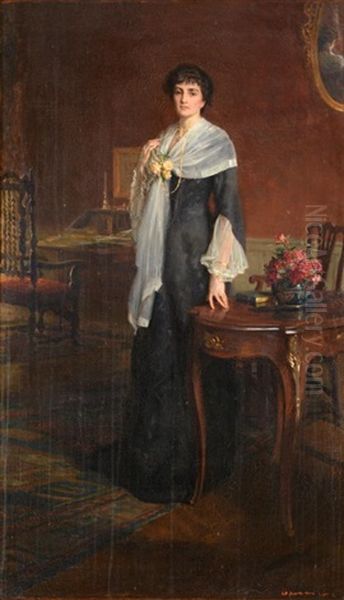 Mrs Arthur Heygate Standing In An Interior Oil Painting by George Percy R. E. Jacomb-Hood