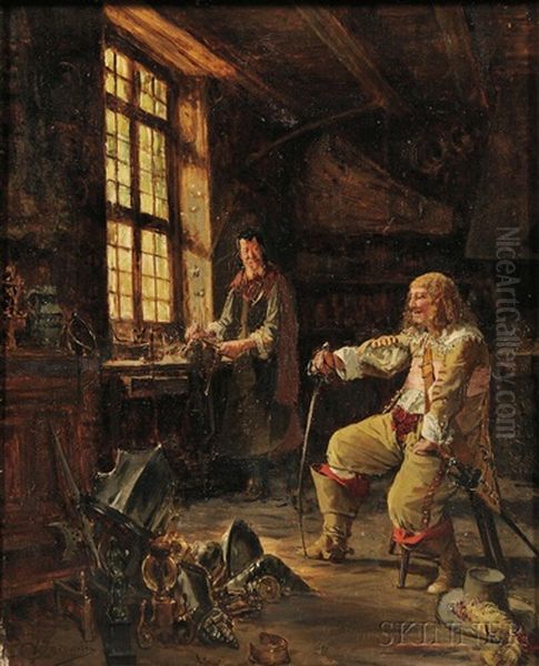 In The Armorer's Shop Oil Painting by (Alfred Louis Vigny) Jacomin