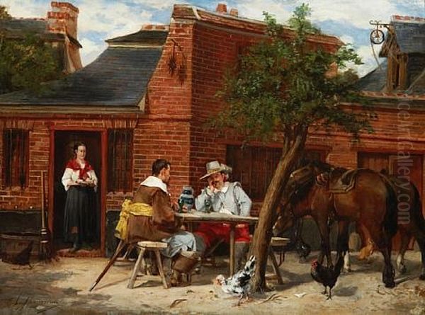 Cavaliers Seated Outside A Tavern Oil Painting by (Alfred Louis Vigny) Jacomin