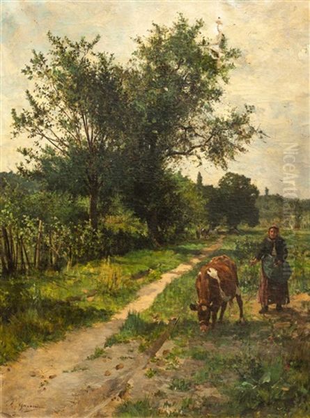 Campesina Con Vaca Oil Painting by Marie Ferdinand Jacomin