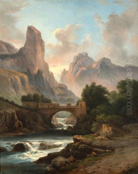 Paysage De Montagnes Avec Une Riviere Oil Painting by Marie Ferdinand Jacomin