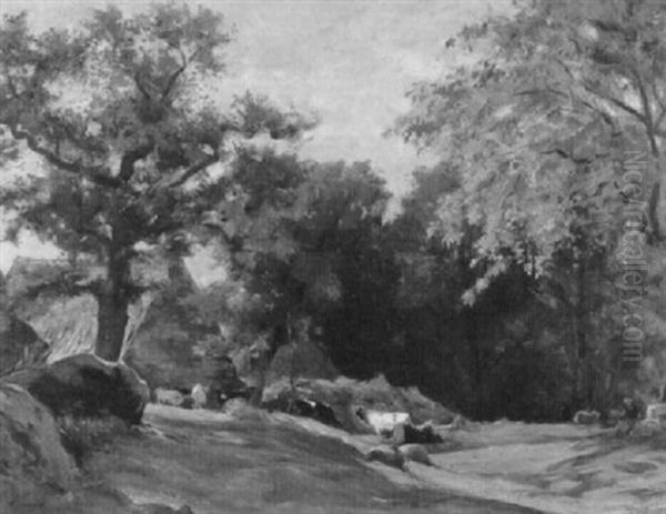 Bauernsiedlung Mit Weidenden Kuhen Am Waldrand Oil Painting by Marie Ferdinand Jacomin