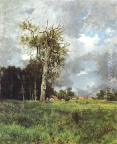 A View Of A Village With A Figure By A Tree In The Foreground And A Storm Threatening Oil Painting by Marie Ferdinand Jacomin