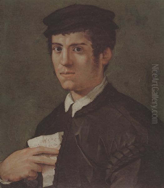 Portrait Of A Man Wearing A Black Cap And Doublet, Holding A Sheet Of Music Oil Painting by (Jacone) Jacopo di Giovanni di Francesco