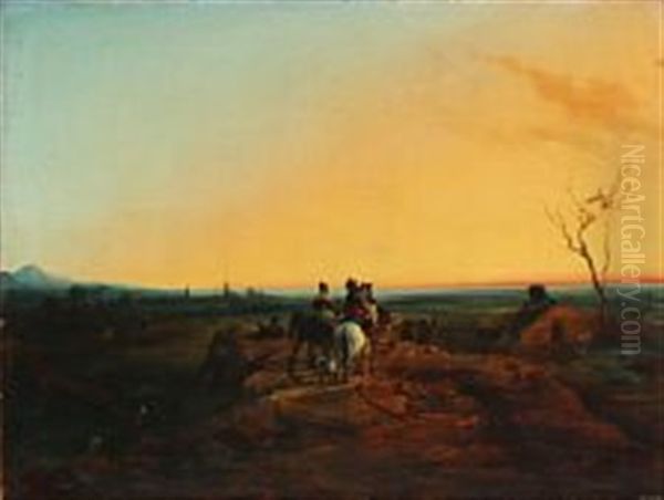 A Group Of People Travelling Towards The Sunset Oil Painting by Joseph Jacops