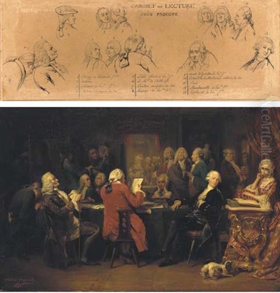 Voltaire Au Cabinet De Lecture Chez Procope (+ Les Figures Principales Du Cabinet, Pencil Study; 2 Works) Oil Painting by Claudius Jacquand