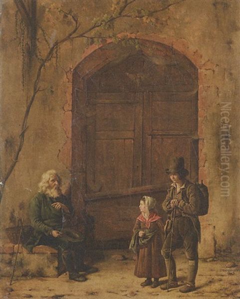 Deux Enfants Passant Devant Un Vieillard Oil Painting by Claudius Jacquand