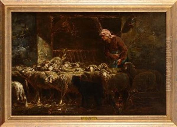 Bergere Et Ses Moutons Oil Painting by Charles Emile Jacque