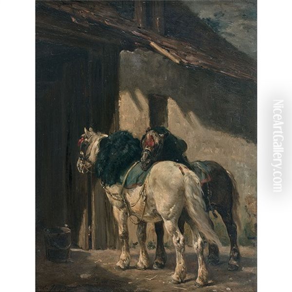 Deux Chevaux De Trait Oil Painting by Charles Emile Jacque