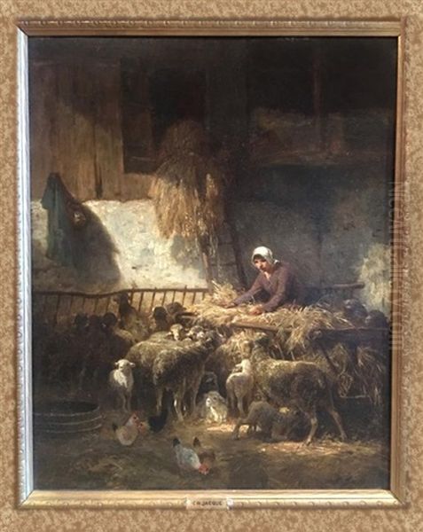 Untitled - Feeding Sheep by Charles Emile Jacque