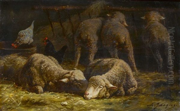 Schafe Und Huhner (moutons Et Poulets) Oil Painting by Charles Emile Jacque