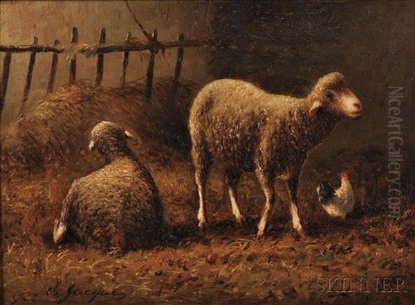 Two Sheep In A Barn Interior Oil Painting by Charles Emile Jacque